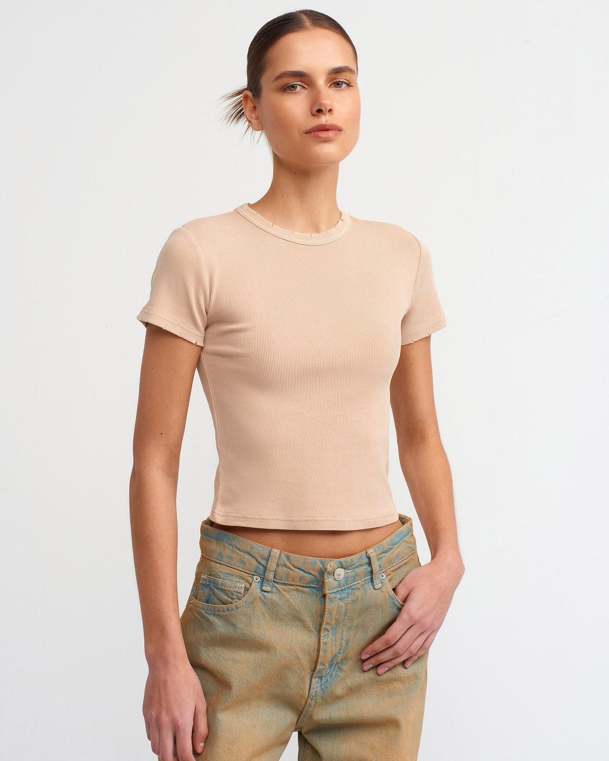 30457 Yıkama Efektli T-Shirt-Bej