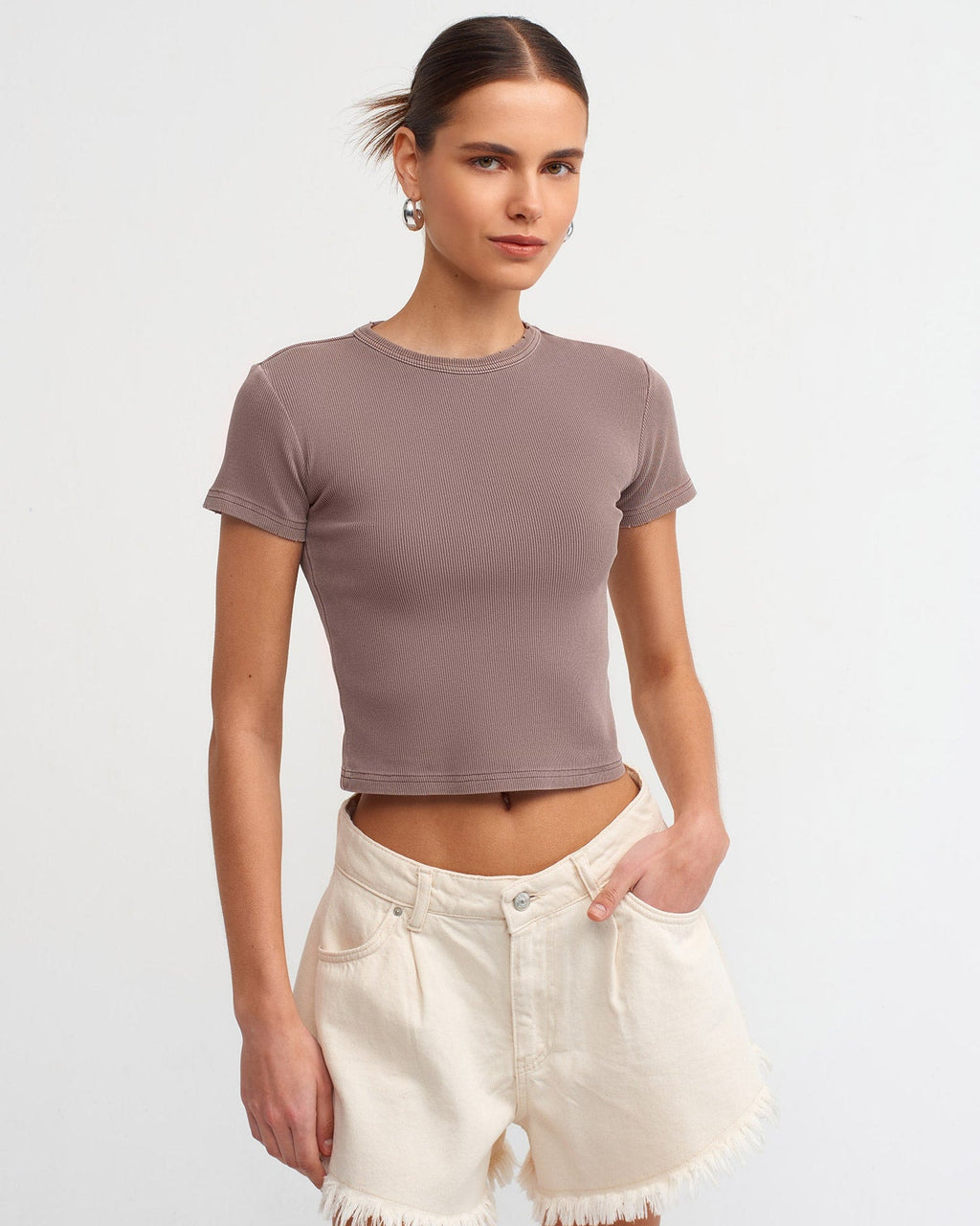 30457 Yıkama Efektli T-Shirt-Kahve