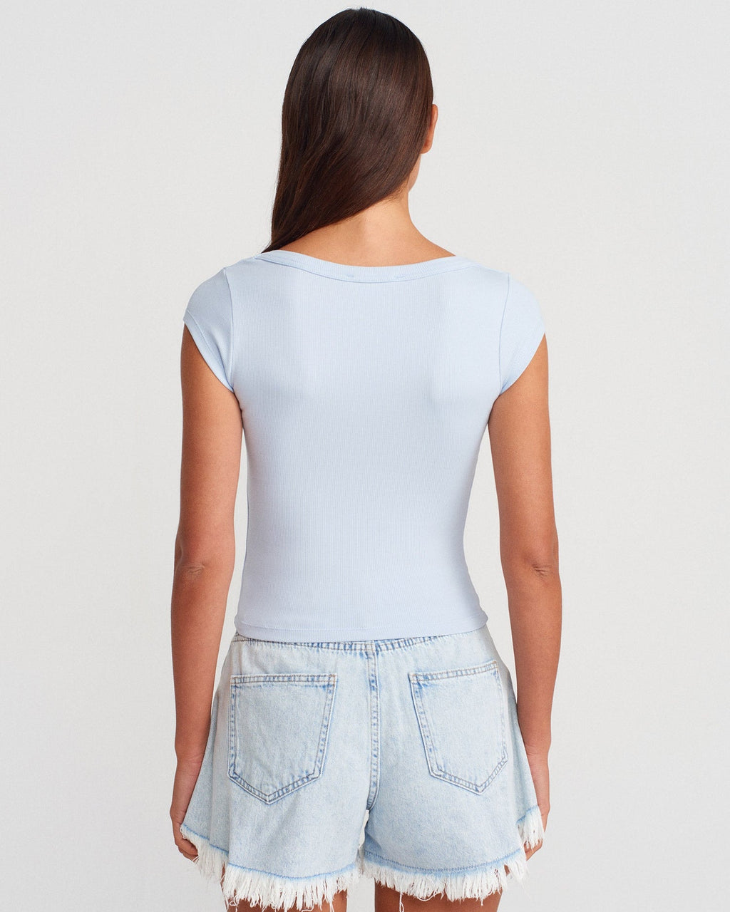 31808 Yuvarlak Yaka Fitilli T-shirt-Açık Mavi