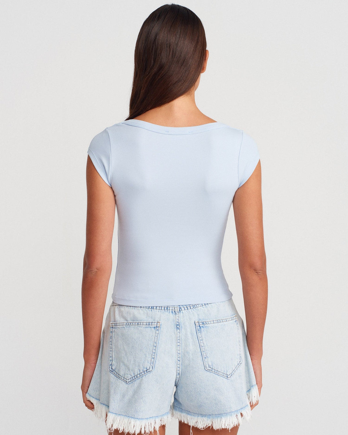 31808 Yuvarlak Yaka Fitilli T-shirt-Açık Mavi