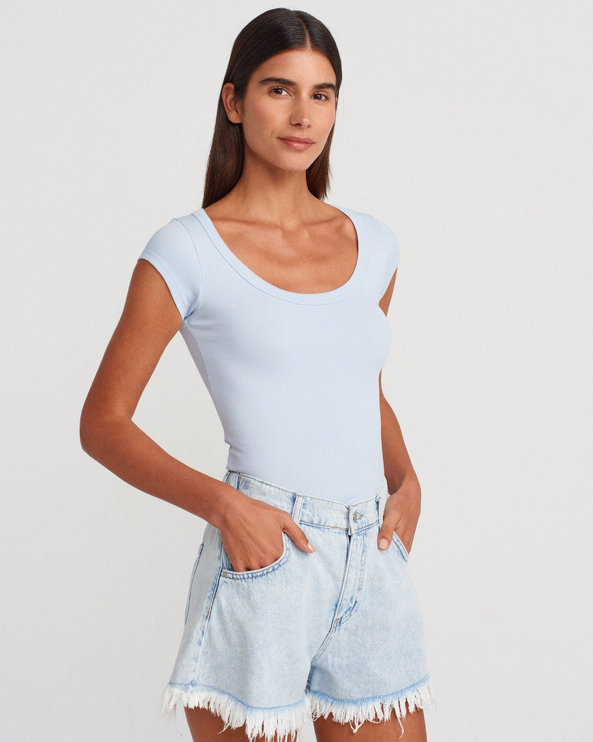 31808 Yuvarlak Yaka Fitilli T-shirt-Açık Mavi