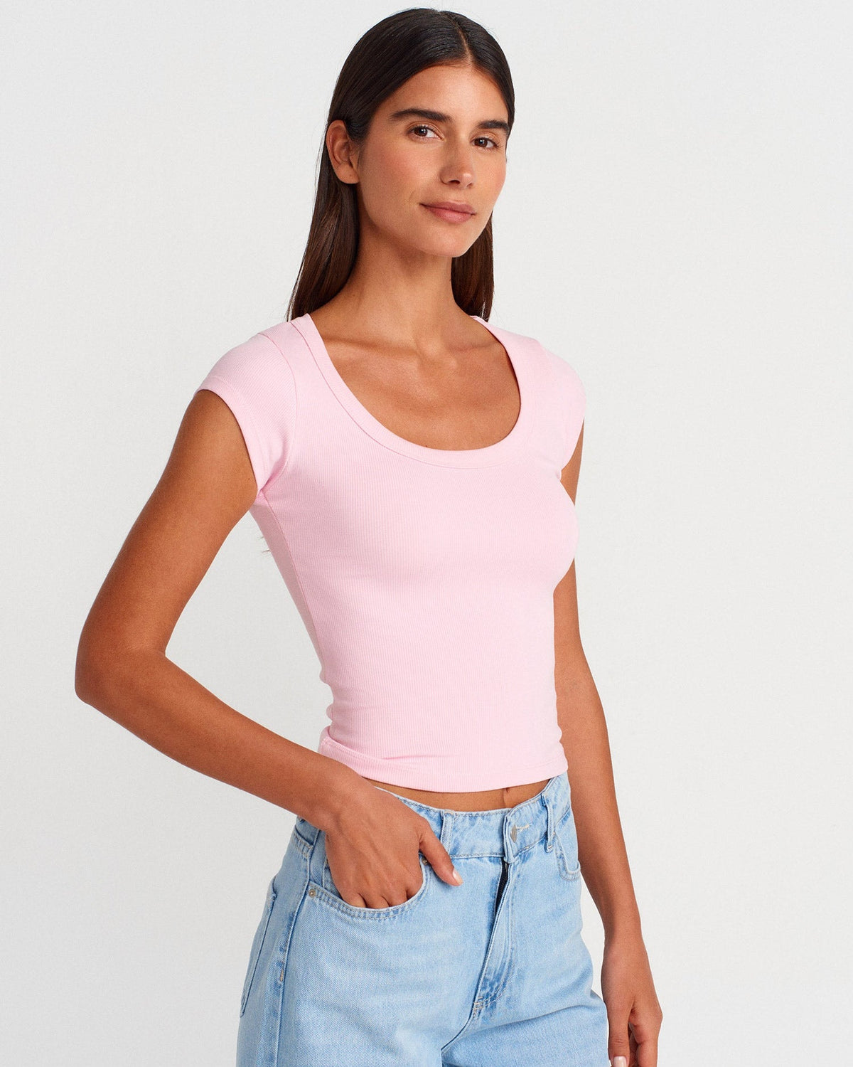 31808 Yuvarlak Yaka Fitilli T-shirt-Toz Pembe