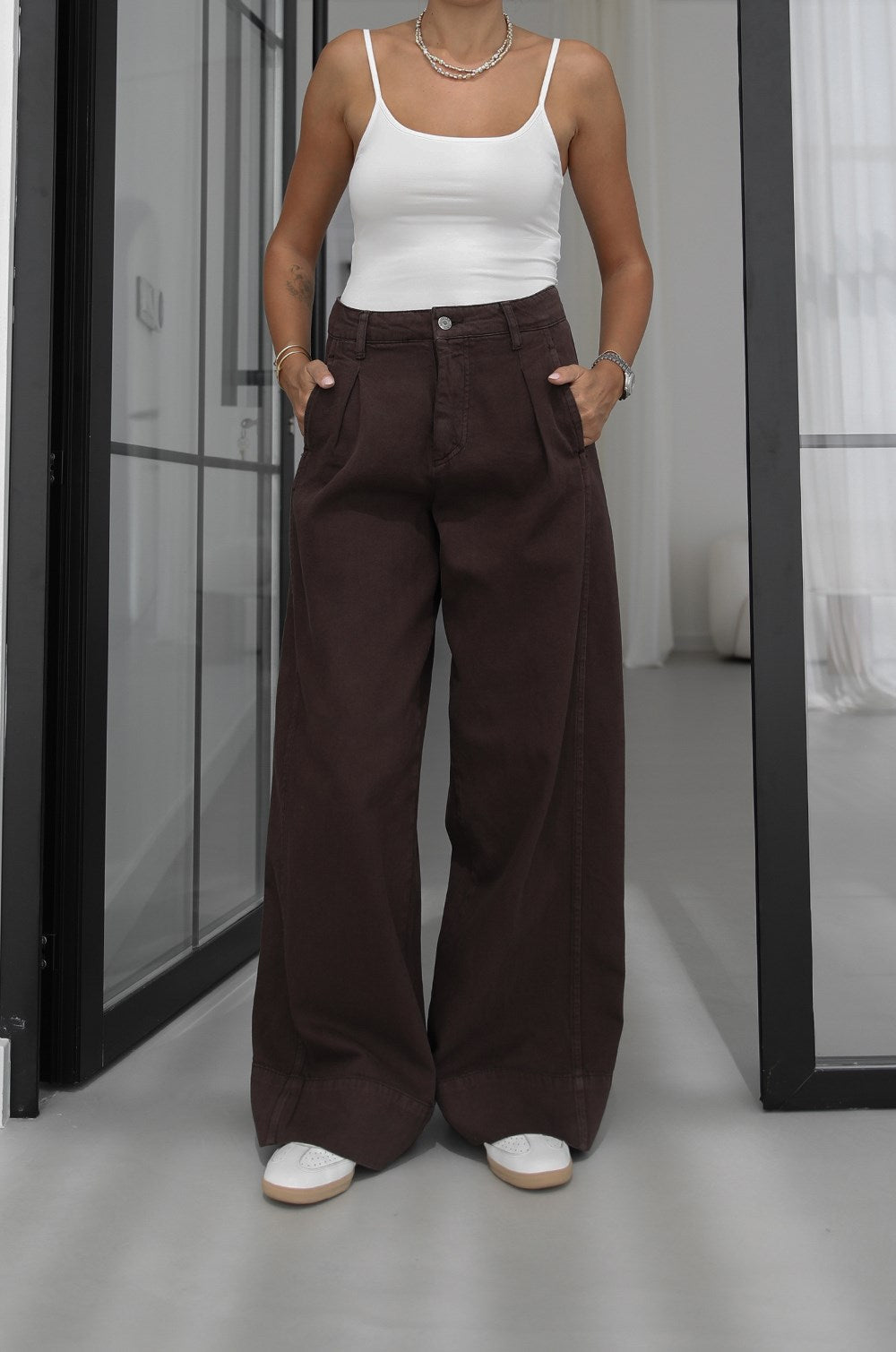 Light Brown Single-Pleat Front Wide Leg Jean