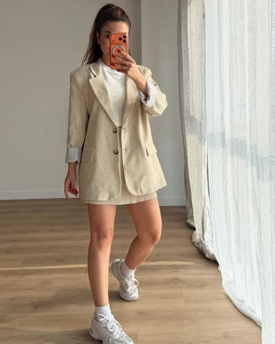 Textured Trimmed Blazer With Skort