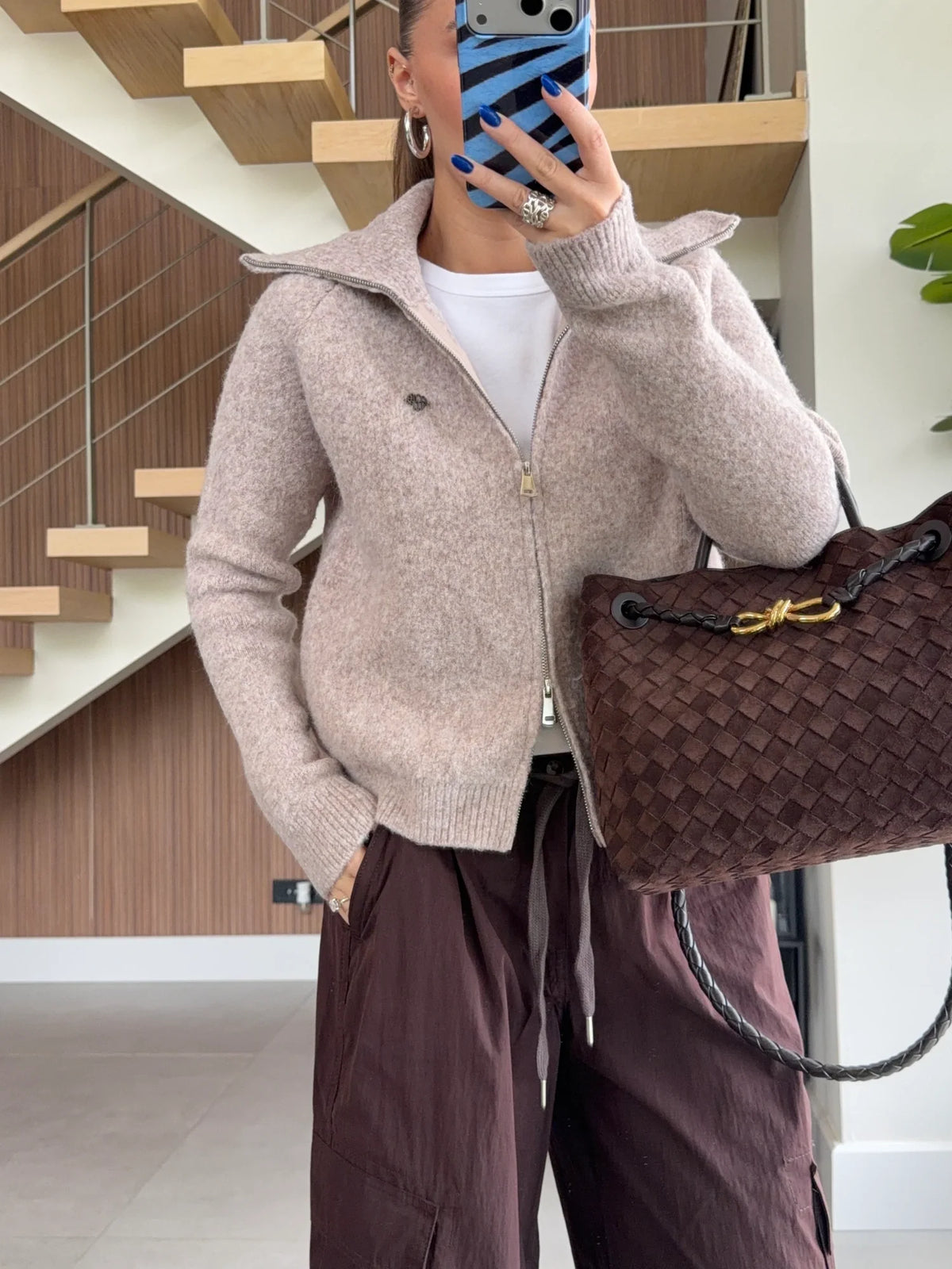 Double-Zip Wool Textured Knitted Cardigan