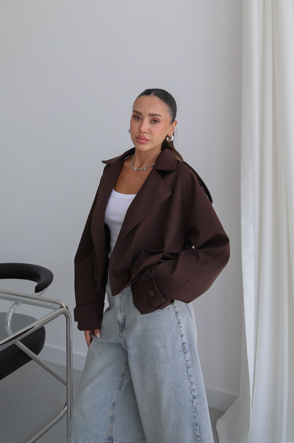 Button Pleated Short Trench Coat - Brown