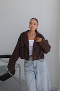 Button Pleated Short Trench Coat - Brown