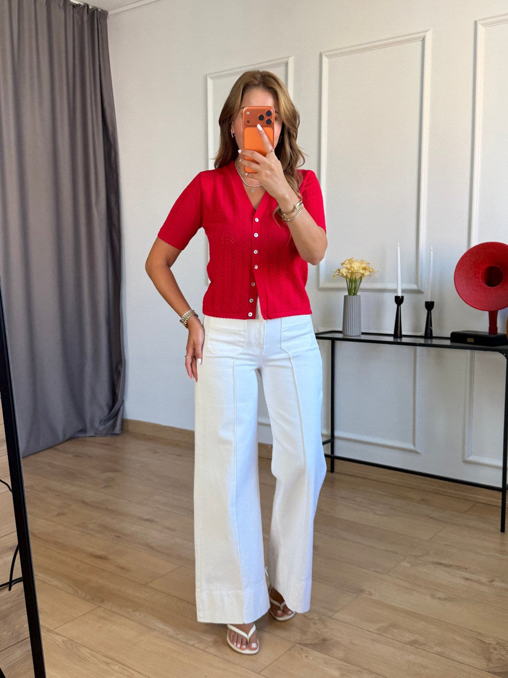 Red V-Neck Half-Sleeve Cardigan