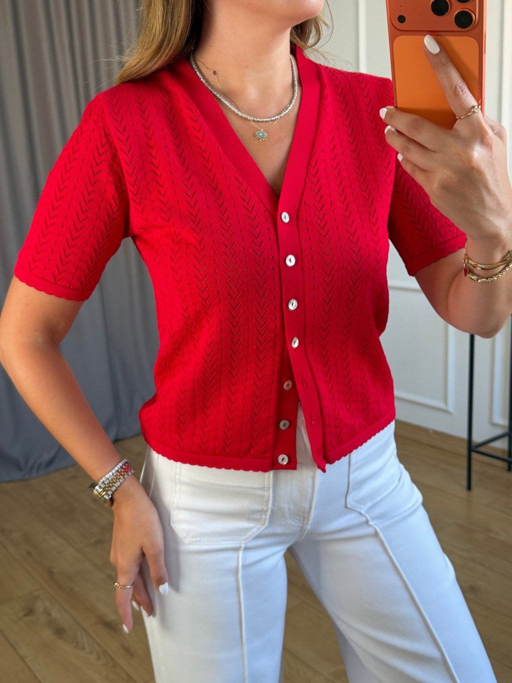 Red V-Neck Half-Sleeve Cardigan