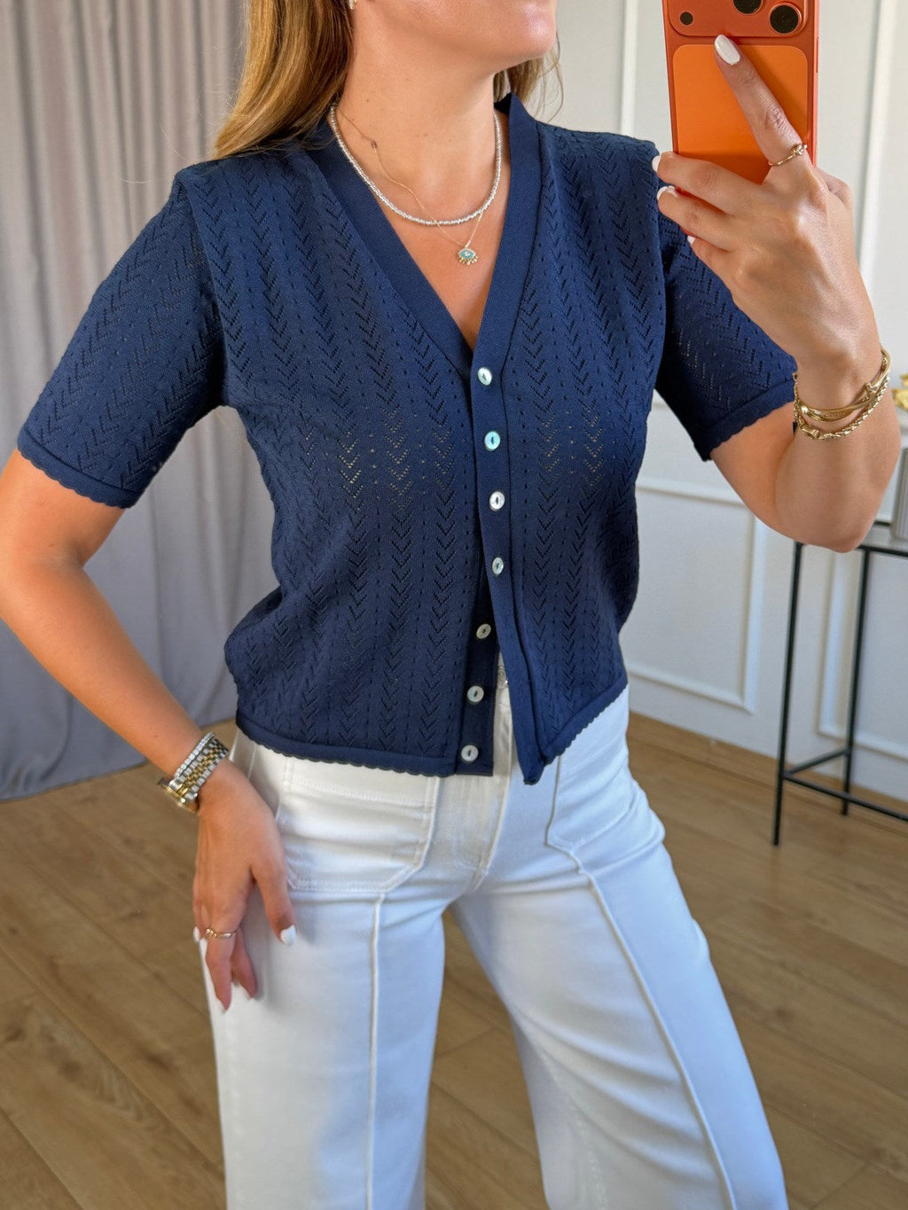 Navy V-Neck Half-Sleeve Cardigan