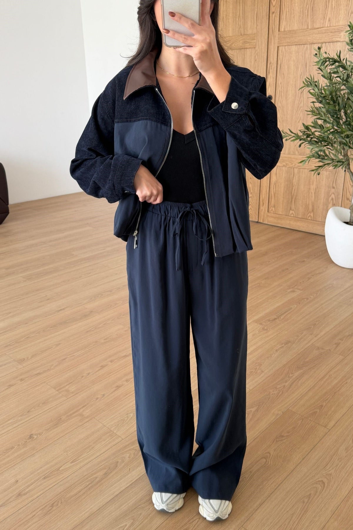 Renza Leather Collar Modal Jacket and Trousers Suit