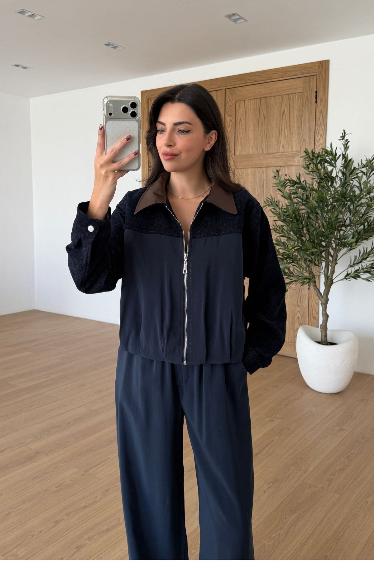 Renza Leather Collar Modal Jacket and Trousers Suit