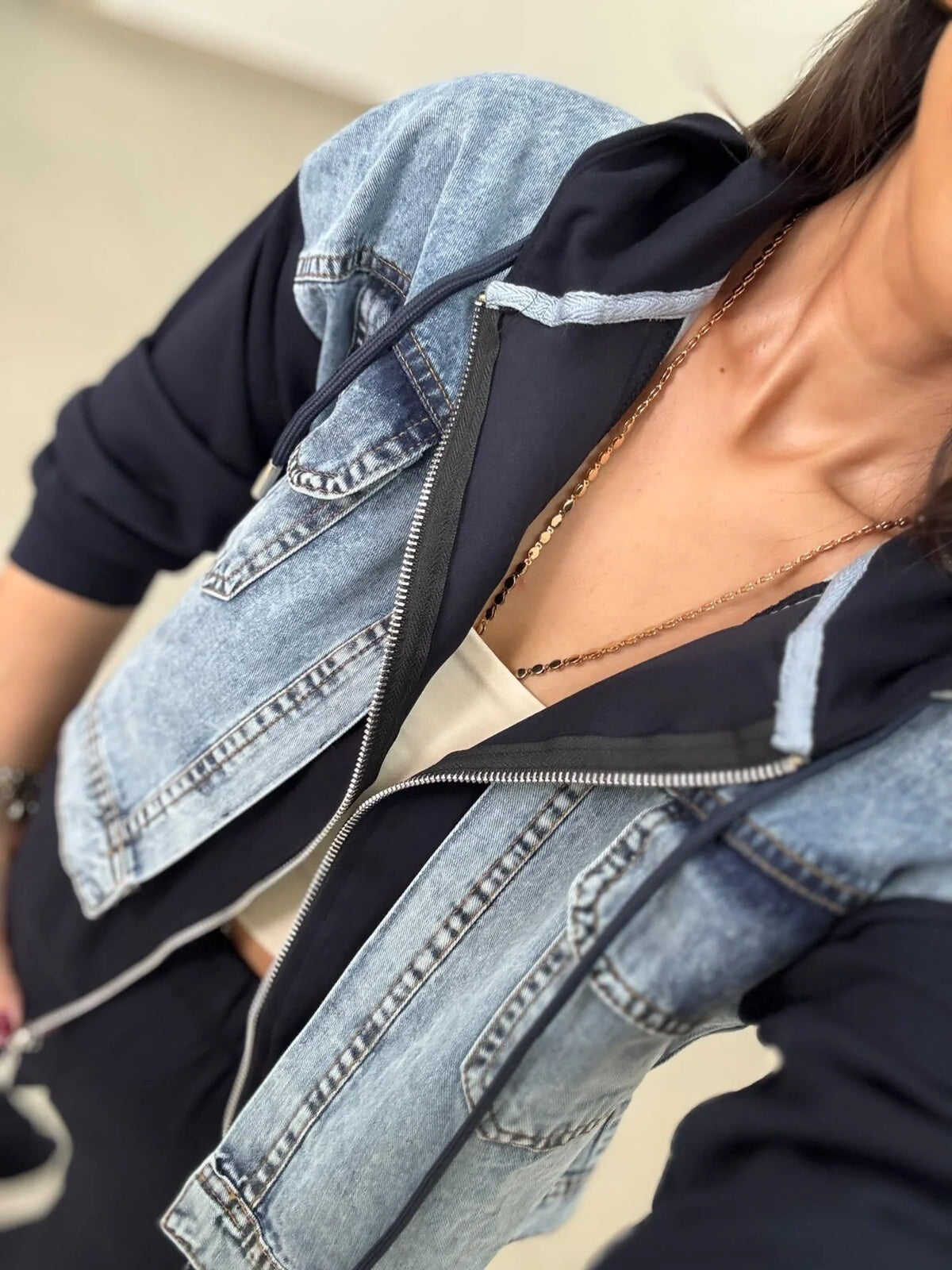 Denim-Detail Hooded Sweat Set