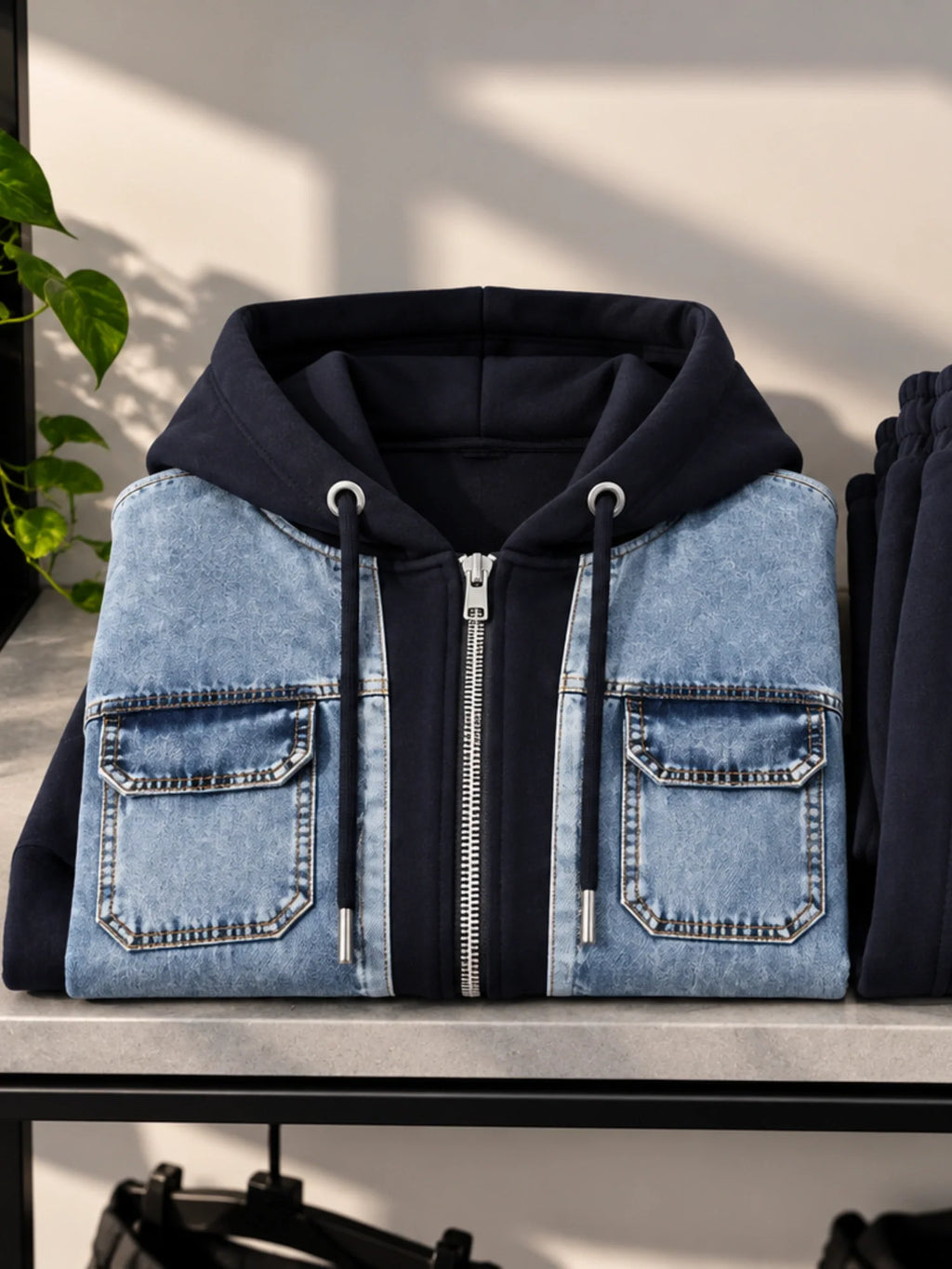 Denim-Detail Hooded Sweat Set