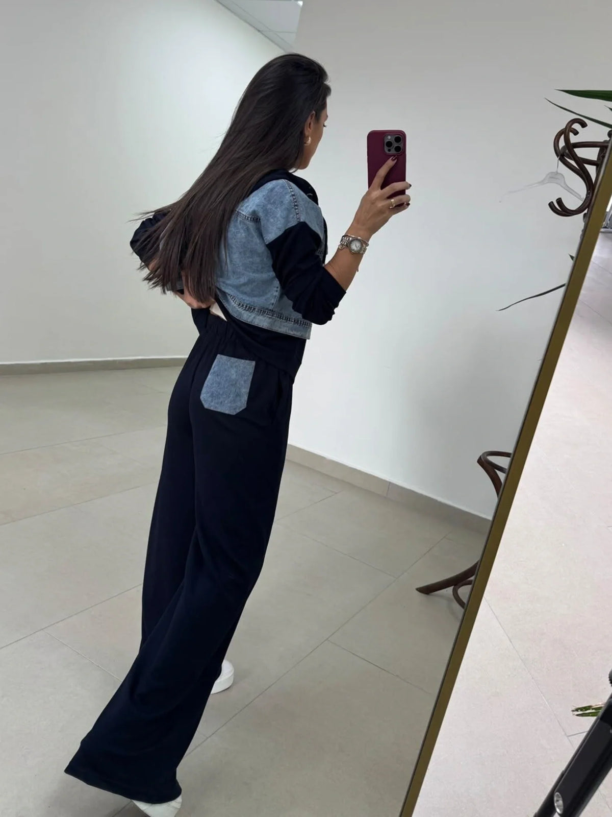 Denim-Detail Hooded Sweat Set