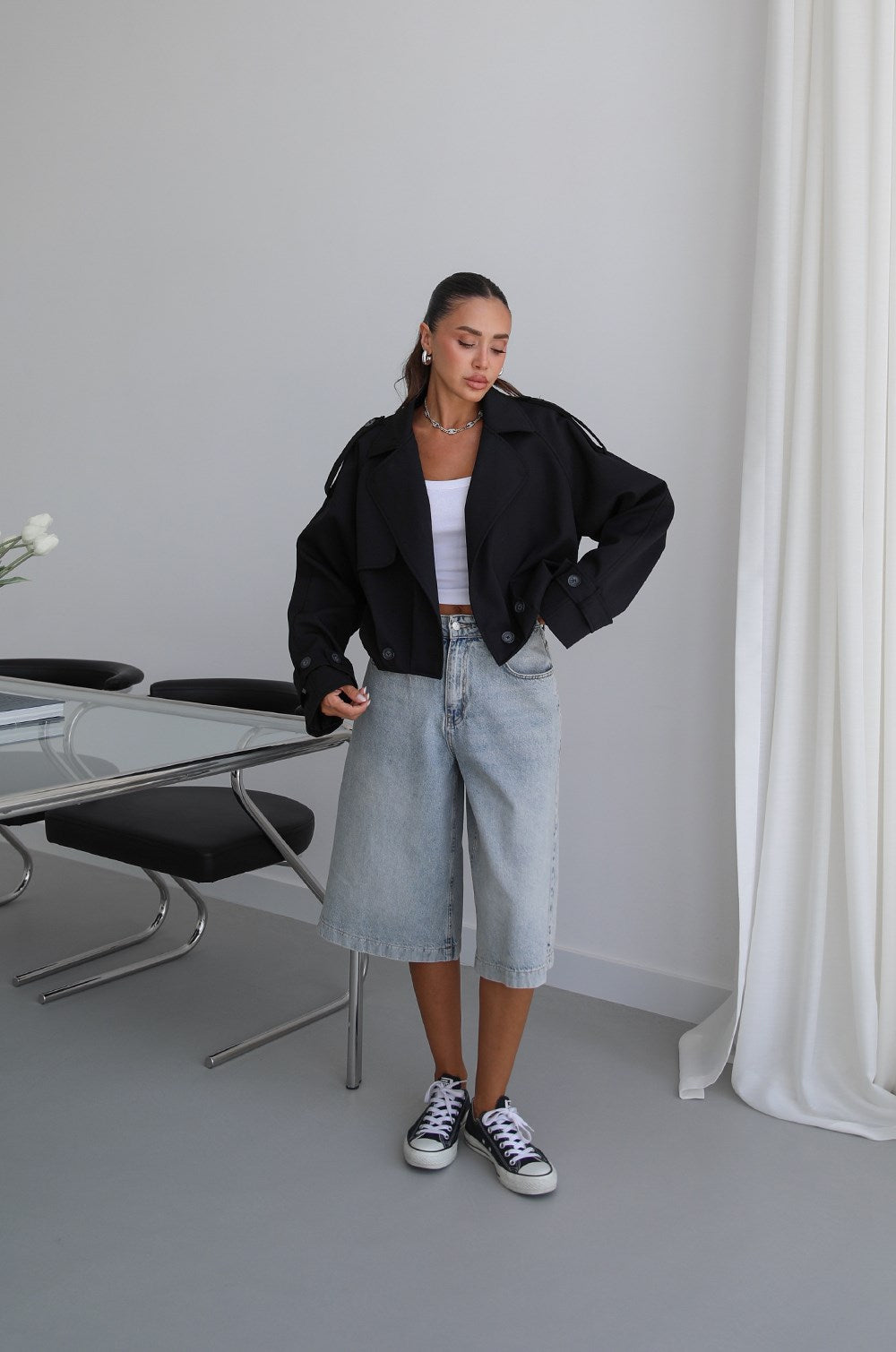 Button Pleated Short Trench Coat - Black
