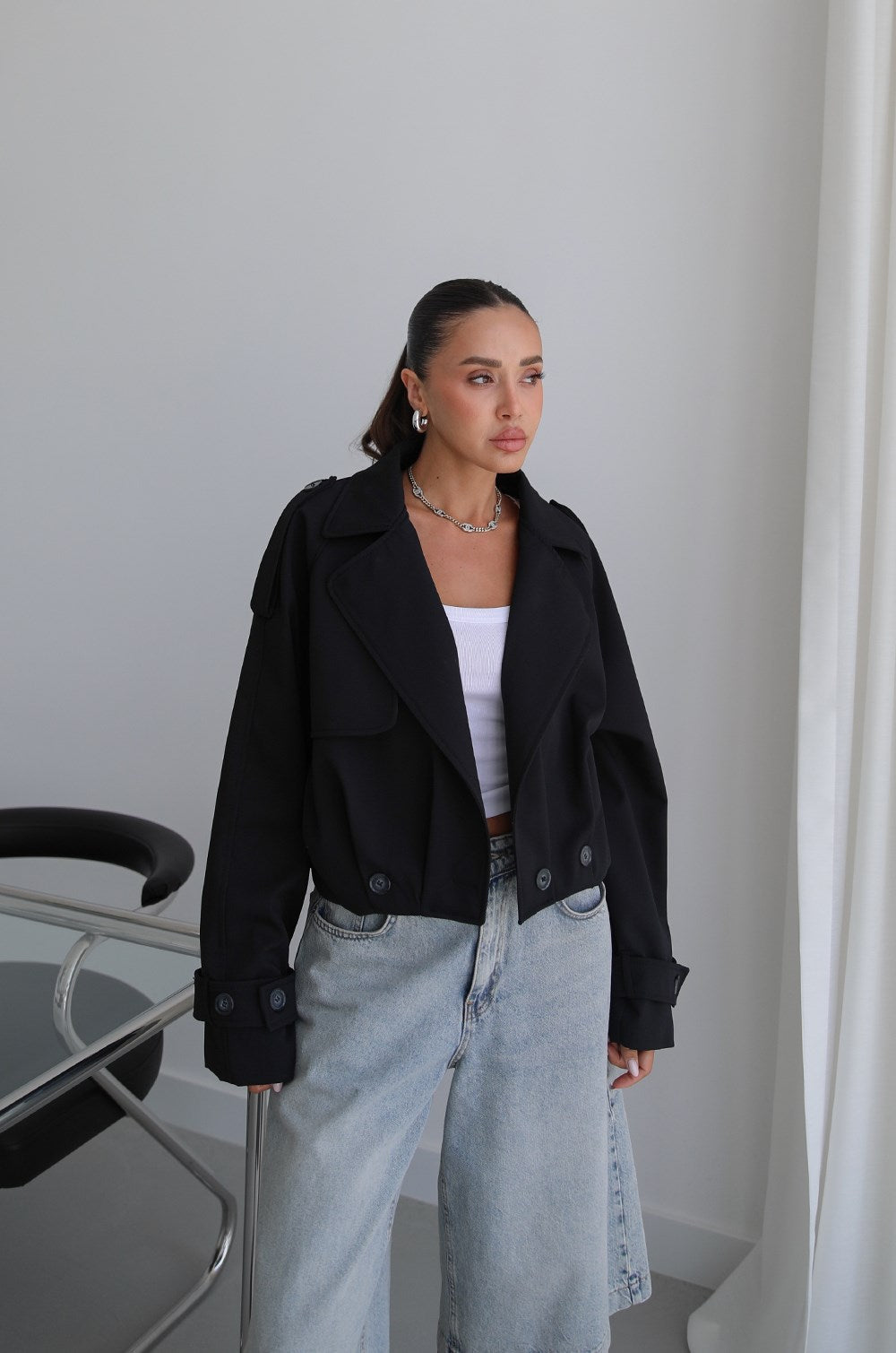 Button Pleated Short Trench Coat - Black