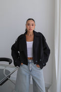 Button Pleated Short Trench Coat - Black