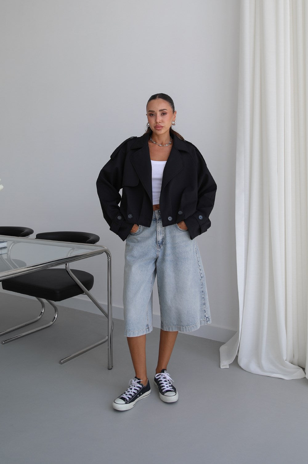 Button Pleated Short Trench Coat - Black