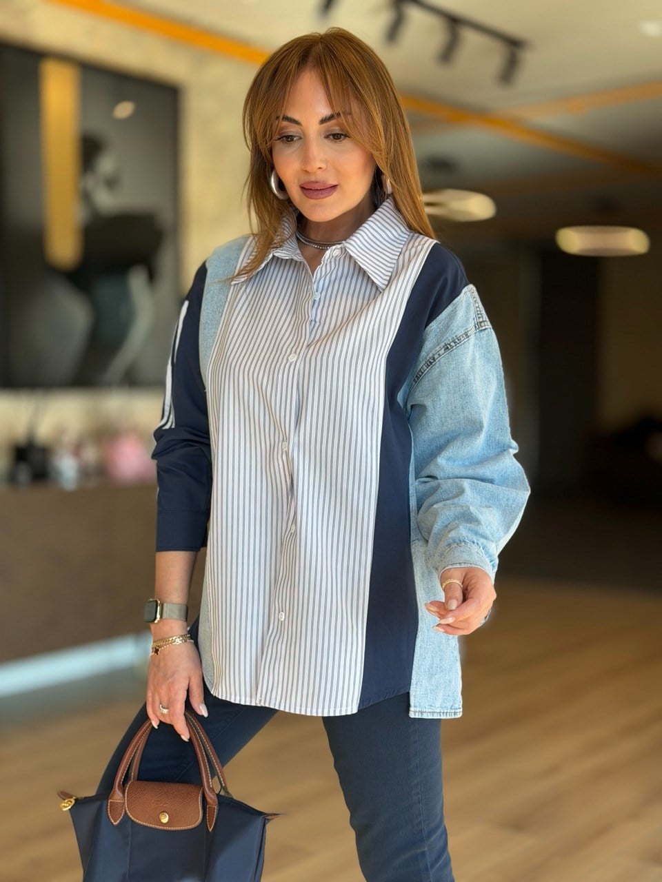 Design Jean-Trim Striped Shirt - Navy