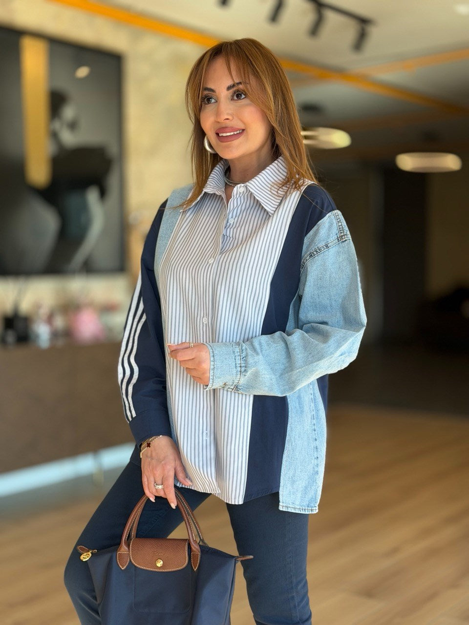 Design Jean-Trim Striped Shirt - Navy