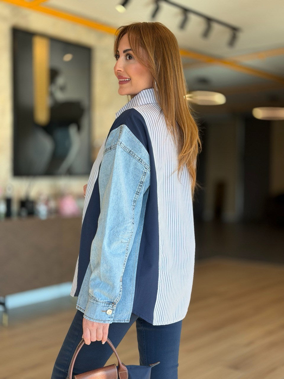 Design Jean-Trim Striped Shirt - Navy