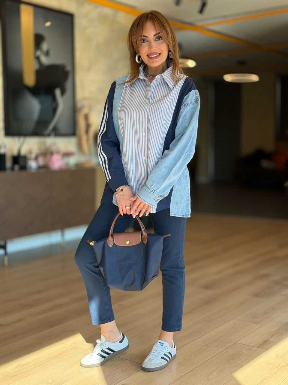 Design Jean-Trim Striped Shirt - Navy