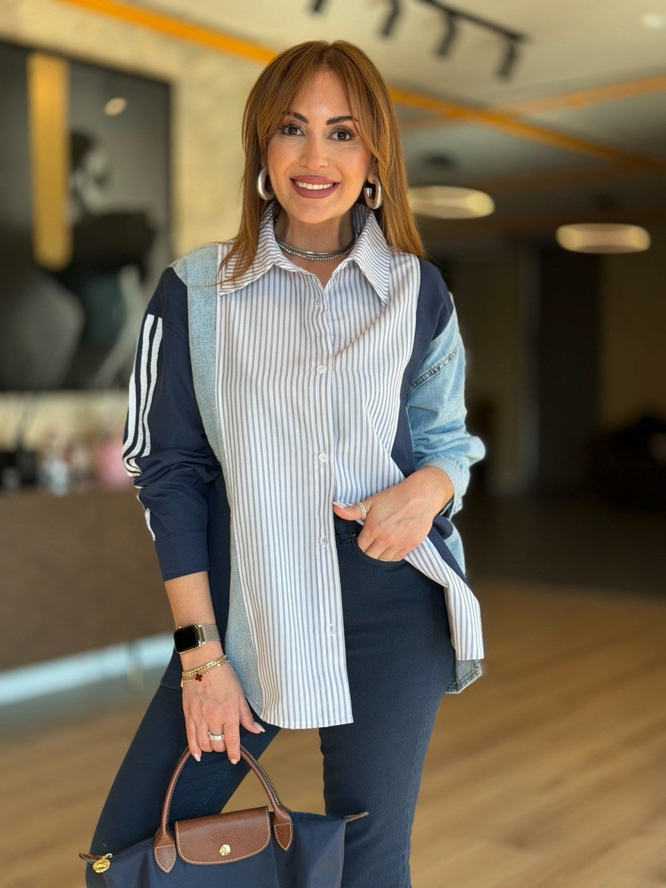 Design Jean-Trim Striped Shirt - Navy
