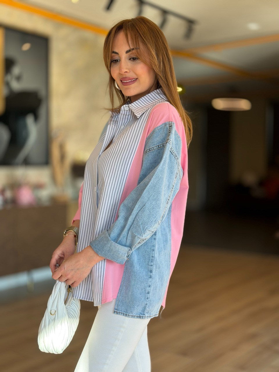 Design Jean-Trim Striped Shirt - Pink
