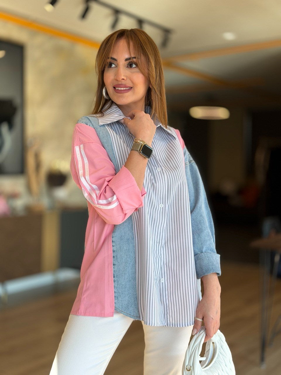 Design Jean-Trim Striped Shirt - Pink