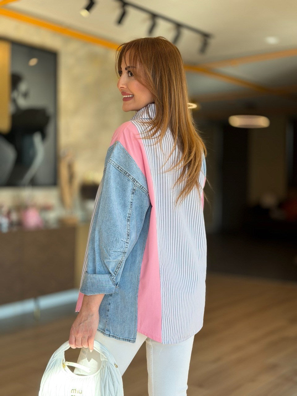 Design Jean-Trim Striped Shirt - Pink