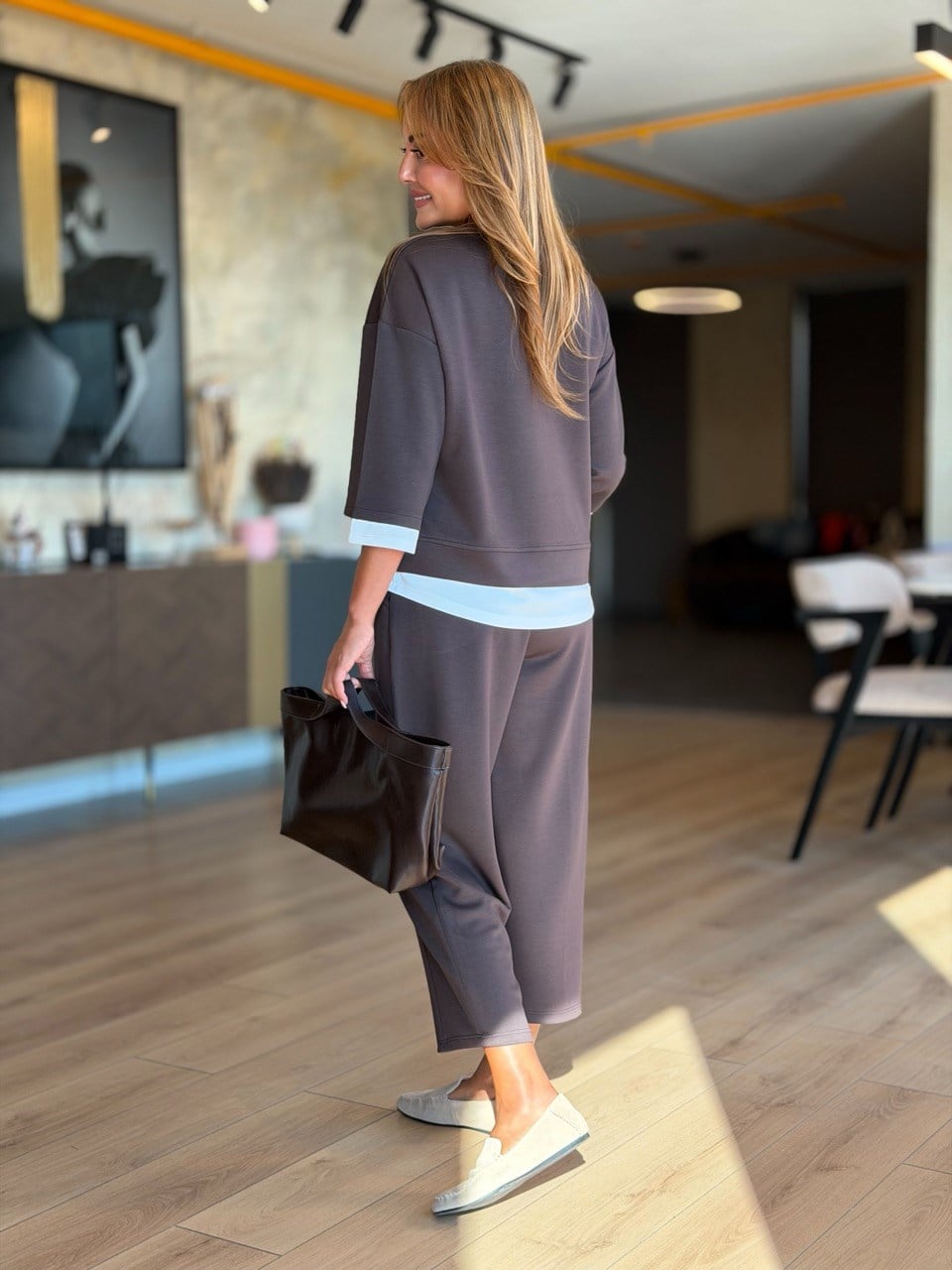T-Shirt Detail Şalvar Modal Brown Two-Piece Set